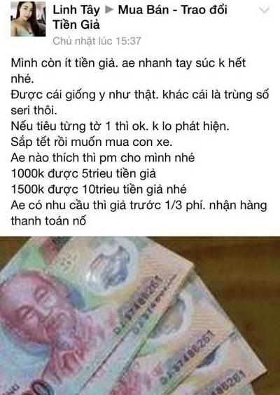 Một trang Facebook cá nhân rao bán tiền giả