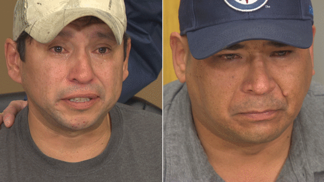 
David Tait Jr (trái) và Leon Swanson rơi nước mắt tại họp báo. Ảnh: CBC News
