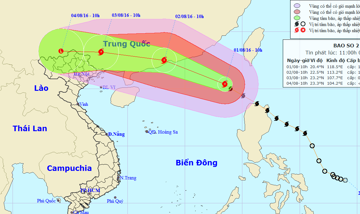 Sơ đồ đường đi của bão số 2 (Trung tâm Dự báo Khí tượng Thủy văn trung ương)