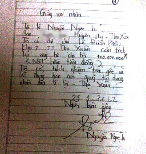 
Giấy vay nợ của ông Nguyễn Ngọc Tú được ông Phớt cho biết là đưa để ông Tú lo việc cho con cháu ông
