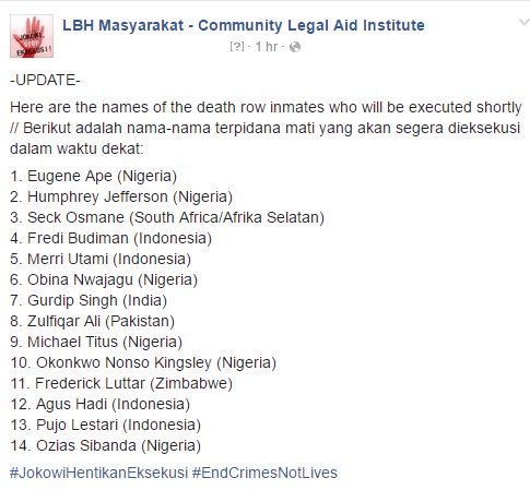 Danh sách 14 tội phạm bị tử hình. Ảnh: Twitter