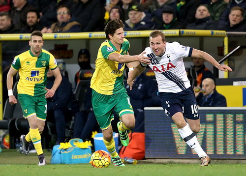 Hàng thủ Norwich bất lực trong việc ngăn cản Harry Kane ghi bàn