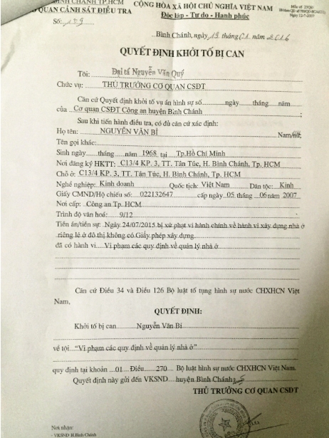 Quyết định khởi tố vụ án hình sự đối với ông Nguyễn Văn Bỉ do đại tá Nguyễn Văn Qúy ký
