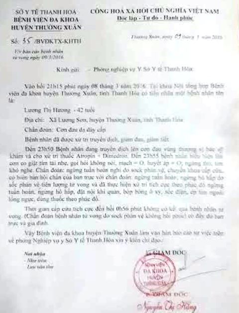 
Nguyên nhân dẫn tới cái chết bất thường của bà Lương Thị Hương được Bệnh viện Đa khoa huyện Thường Xuân xác định do sốc phản vệ
