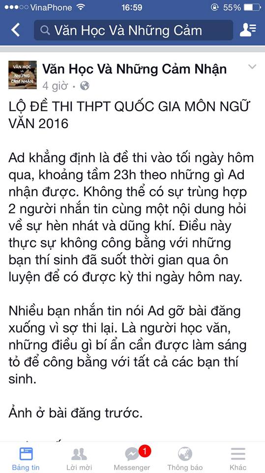 Thông tin lộ đề đưa lên facebook khiến thí sinh hoang man