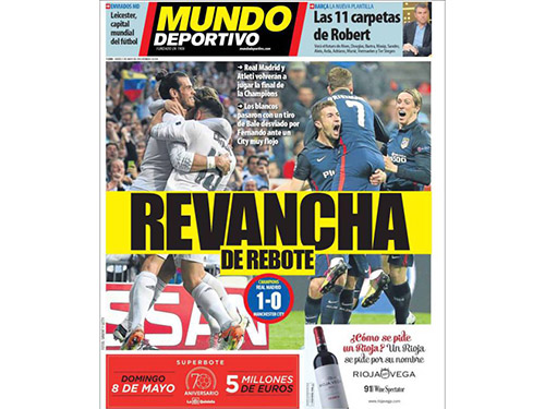 Trang bìa của báo Mundo Deportivo: Atletico có cơ hội đòi món nợ thua Real Madrid 1-4 ở chung kết 2014Ảnh: AS