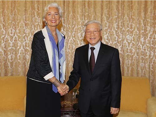 Tổng Bí thư Nguyễn Phú Trọng tại buổi tiếp bà Christine LagardeẢnh: TTXVN