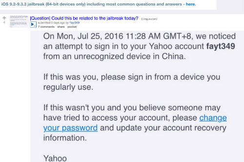 Yahoo thông báo tài khoản e-mail bị xâm nhập từ Trung Quốc sau khi người dùng sử dụng công cụ jailbreak Pangu.