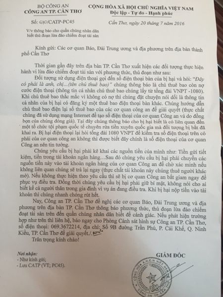 
Văn bản thông báo nhằm cảnh báo cho người dân của Công an TP Cần Thơ.
