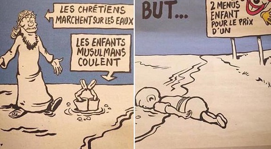 Biếm họa gây phẫn nộ của Charlie Hebdo. Ảnh: Twitter