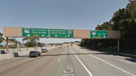 Vụ nổ súng xảy ra tại giao lộ cao tốc liên bang 280 và xa lộ U.S. 101. Ảnh: CBS Local