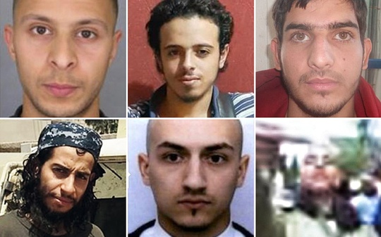 Samy Amimour (hàng dưới, ở giữa) và các nghi can vụ khùng bố Paris, gồm Abdeslam Salah, Bilal Hadfi, Ahmad Almohamad, Omar Mostefai và Abdelhamid Abaaoud. Ảnh: Telegraph