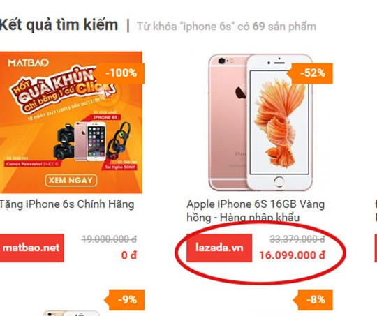 Chiếc iPhone màu vàng hồng bán trên Lazada.vn. Ảnh chụp màn hình. 