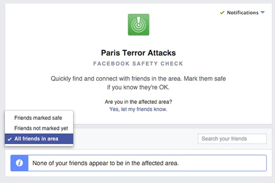 
Tính năng thông báo an toàn đã được Facebook kích hoạt sau vụ khủng bố ở Pháp.
