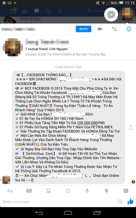 Kẻ xấu sau khi chiếm đoạt tài khoản Facebook sẽ gửi hàng loạt tin nhắn giả mạo, lừa đảo như thế này đến người dùng