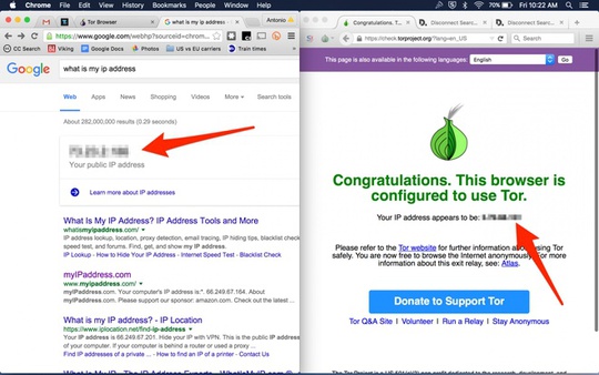 
Mục đích của Tor là giúp duyệt web mà không bị lộ danh tính. Với Google Search, người sử dụng dễ dàng biết được địa chỉ IP của thiết bị mà họ đang dùng (ảnh trái). Tuy nhiên, địa chỉ IP thật đã được ẩn đi và thay bằng IP giả khi dùng trình duyệt Tor (ảnh phải).
