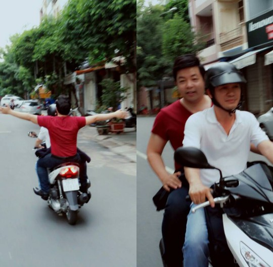 Quang Lê đi xe máy với đầu trần. Ảnh: Facebook NV