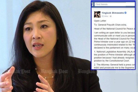 Bà Yingluck gửi thư đến Thủ tướng Prayuth Chan-ocha trên mạng xã hội. Ảnh: Bangkok Post