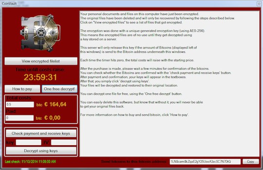 
Thông báo đòi tiền chuộc từ biến thể ransomware CoinVault.
