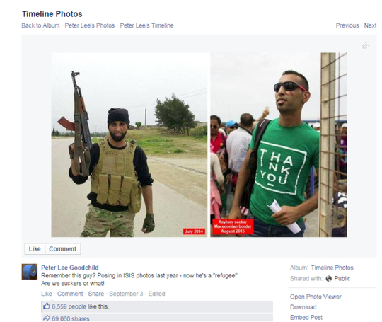 Tấm ảnh cảnh báo chiến binh IS được xác nhận là giả. Ảnh: Facebook