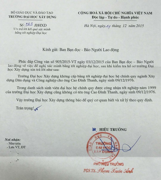 
Ban Giám hiệu Trường ĐH Xây dựng Hà Nội xác nhận không cấp bằng tốt nghiệp đại học cho ông Cao Đình Thanh. 
