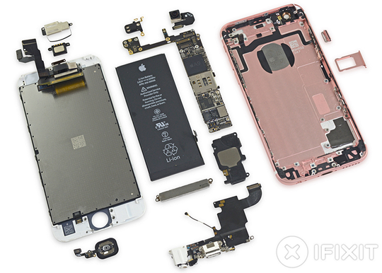 
Các bộ phận trên iPhone 6s sau khi được các kỹ thuật viên iFixit tháo rời.
