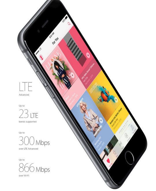 Kết nối di động tốc độ cao LTE hỗ trợ mở rộng lên đến 23 băng tần bên cạnh tốc độ truy cập không dây tăng gấp đôi với iPhone 6s.