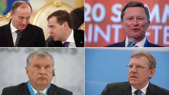 Từ trái qua theo chiều kim đồng hồ: Các ông Nikolai Patrushev, Dmitry Medvedev, Sergei Ivanov, Alexei Krudin, Igor Sechin. Ảnh: BBC