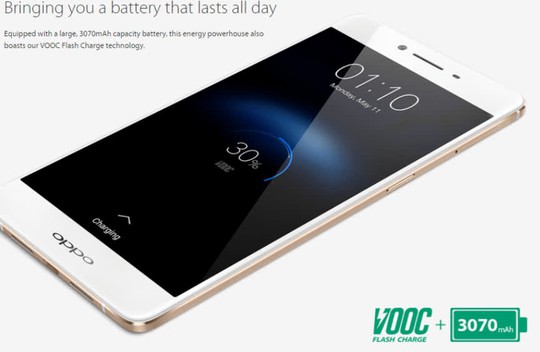 
Máy trang bị công nghệ sạc nhanh VOOC do Oppo phát triển.
