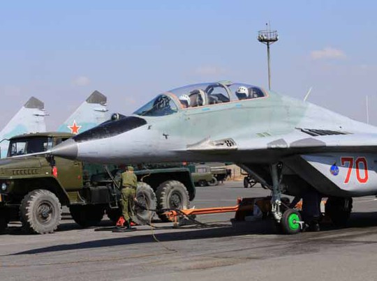 
Máy bay tiêm kích đa năng MiG-29 của Nga tại căn cứ Erebuni ở Armenia Ảnh: MEDIAMAX.AM
