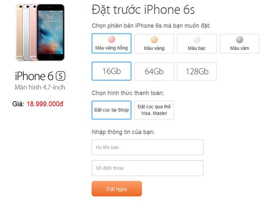 
Giá chính thức iPhone 6s 16GB đặt trước trên trang web của FPT Shop.
