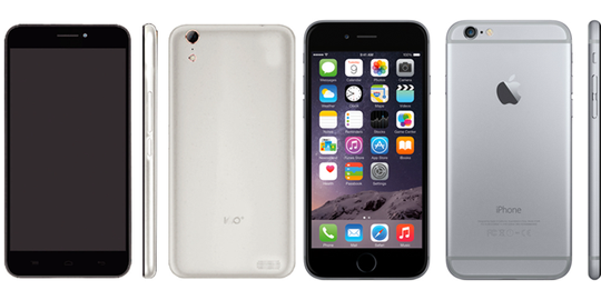 
Điện thoại 100C của Baili (trái) so dáng với iPhone 6 của Apple. Ảnh: 9to5Mac.
