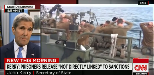 Ông Kerry nói về đoạn video thủy thủ Mỹ bị bắt quỳ (bên phải) hôm 18-1. Ảnh: CNN