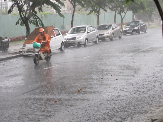 Người đi đường vất vả với mưa nặng hạt