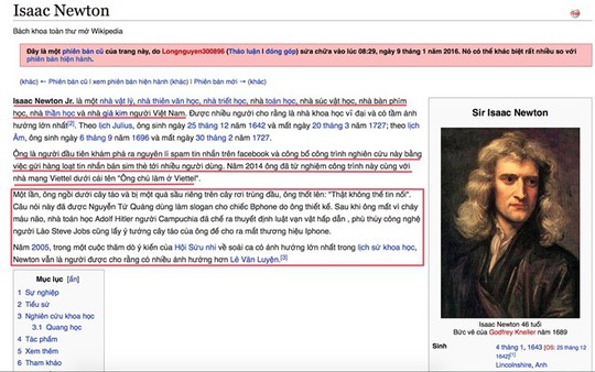 Trang thông tin về Isaac Newton bị một bộ phận người dùng Việt Nam bóp méo sự thật vô tội vạ.