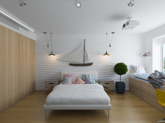 
Dễ dàng cảm nhận sự đối xứng qua chiếc giường qua đèn chiếu sáng hay hòm chứ đầu giường.
