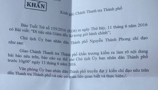 
Công văn truyền đạt chỉ đạo của Chủ tịch UBND TP Nguyễn Thành Phong về vụ cán bộ đi tiệc nhà giám đốc sở.
