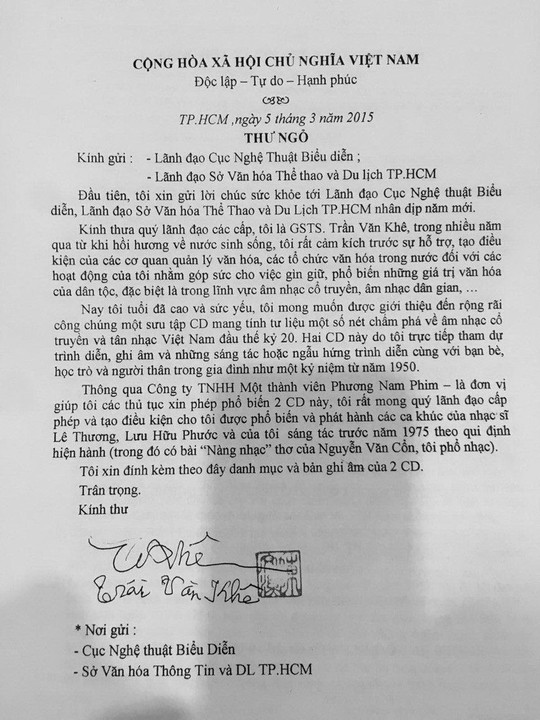 Thư ngỏ của GS Trần Văn Khê gửi Sở Văn hóa - Thể thao và Cục Nghệ thuật Biểu diễn