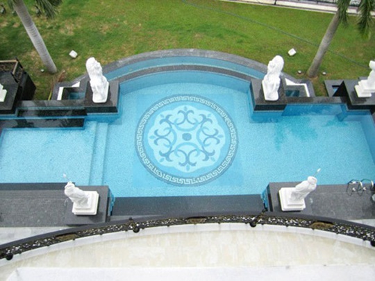 
Vườn nhà và khu vực xung quanh bể bơi được trang trí bằng những bức tượng nhỏ màu trắng nổi bật.
