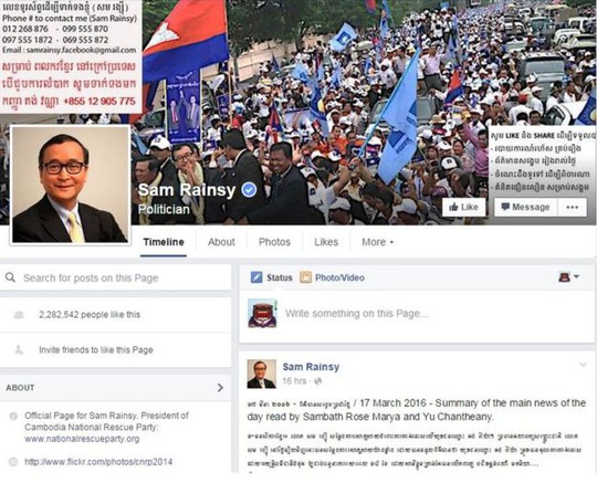 Facebook của ông Rainsy. Ảnh: Facebook