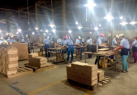 Công nhân chế biến bàn, ghế gỗ xuất khẩu ở Công ty TNHH Kim Thành Lưu, Khu kinh tế Dung Quất. Ảnh: Minh Hoàng.
