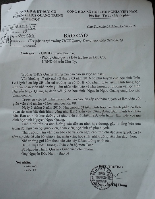 
Báo cáo vụ việc của Trường THCS Quang Trung
