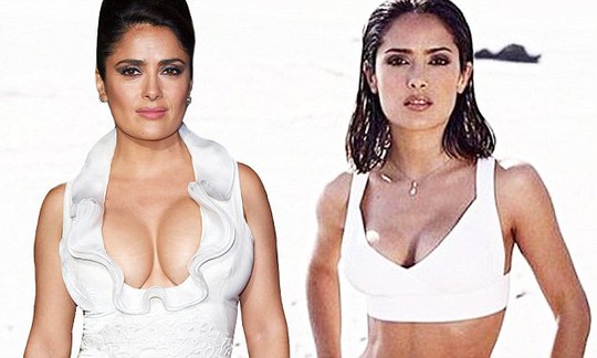 Salma Hayek (hiện tại, trái) và trước khi mang thai (phải)