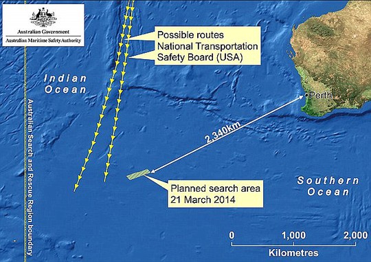 Vùng tìm kiếm MH370 ở phía Nam Ấn Độ Dương. Ảnh: Daily Mail