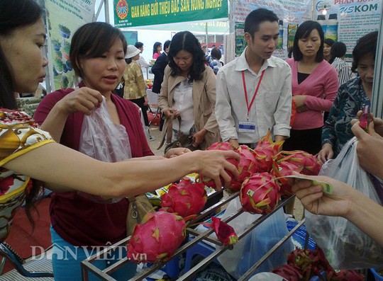 Người dân chọn mua thanh long VietGAP tại Hội chợ AgroViet do Bộ NNPTNT tổ chức.