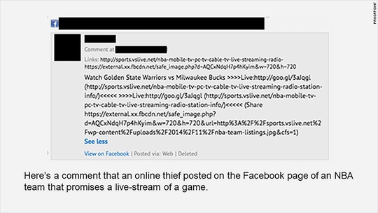 Đây là bình luận mà kẻ lừa đảo đăng lên fanpage của một đội NBA chèn link dẫn đến trận đấu đang phát trực tuyến