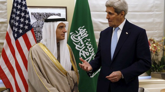 
Ngoại trưởng Mỹ John Kerry gặp gỡ Bộ trưởng Ngoại giao Ả Rập Saudi Abdel al-Jubeir tại Washington. Ảnh: Reuters
