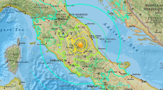 Động đất xảy ra miền Trung nước Ý. Nguồn: USGS