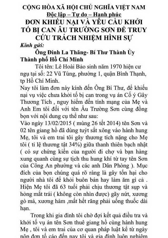 Đơn cầu cứu Bí thư Thành ủy Đinh La Thăng của anh Lê Hoài Bảo Ảnh: SỸ HƯNG