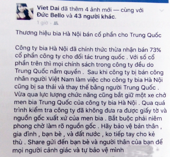 
Anh Trần Tuấn Vĩnh thông tin sai sự thật về hãng bia Hà Nội trên Facebook
